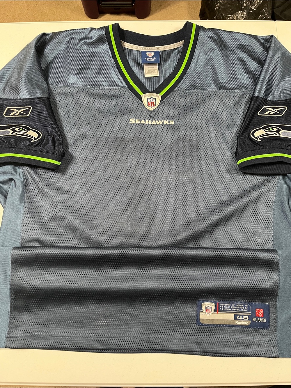 Reebok Seattle Seahawks Blue Mesh Jersey with Neon Green Trim Size 48